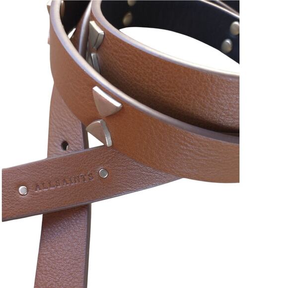 AllSaints Camel Studded Leather Belt Pebbled Thin Minimalist Moto Rocker